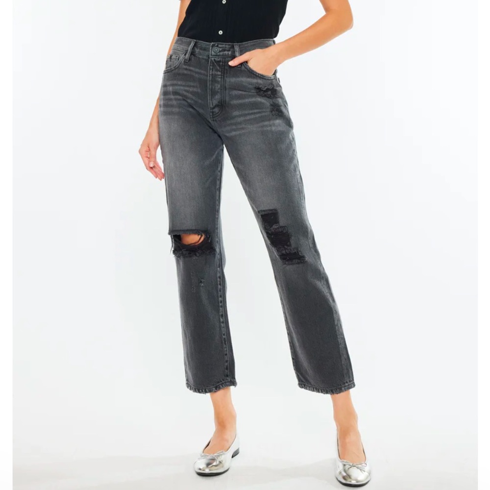 KanCan 90's Boyfriend Ultra High Rise Jeans Distressed Gray Ankle Straight Leg